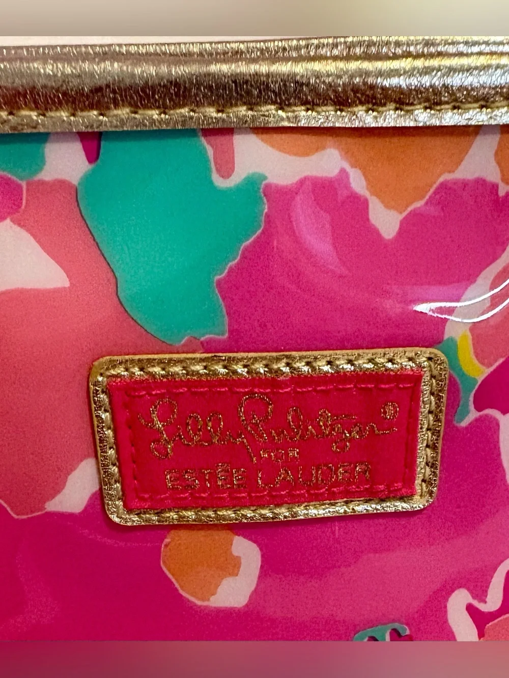 Estee Lauder/Lily Pulitzer Colab Bright Pink Floral Cosmetic Case with Gold Trim